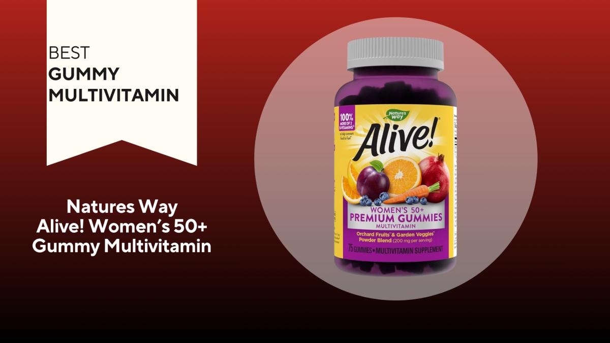 A red and black background with a white banner that reads Best Gummy Multivitamin beside a bottle of Nature's Way Alive! Women's 50+ Gummy Multivitamins